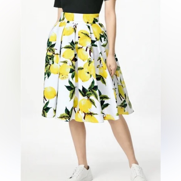 Taydey Fashion Sz M elastic waist pleated lemons print full skirt new - Picture 2 of 9